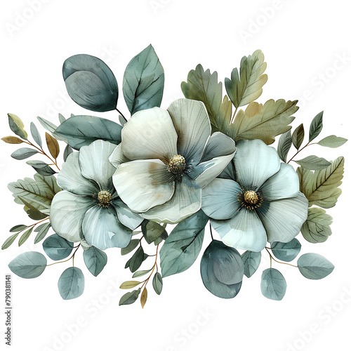 watercolor painting style of a wedding bouquet with white flowers and eucalypthus leaves isolated against transparent background