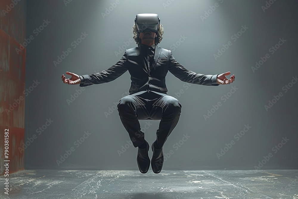Naklejka premium A man in a suit and tie wearing a VR headset jumps in the air