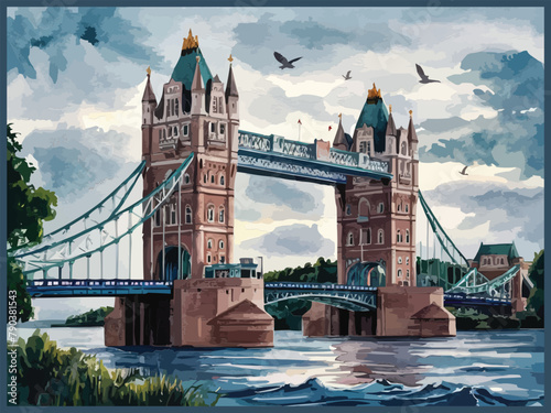  Tower Bridge watercolor with birds trees and detailed water waves illustration art