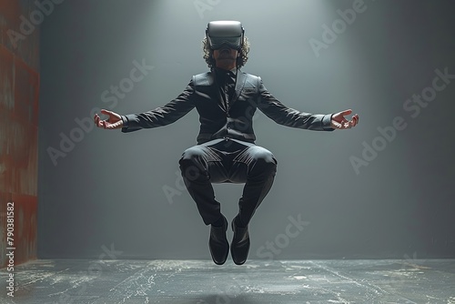 A man in a suit and tie wearing a VR headset jumps in the air © Vladimir