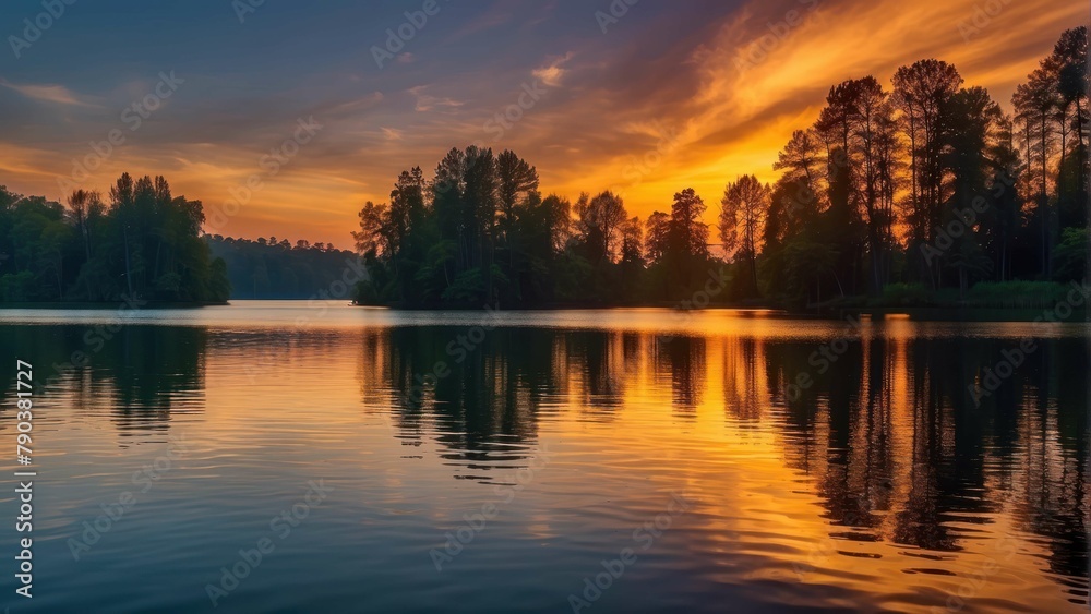 Sunset reflection on a calm forest lake