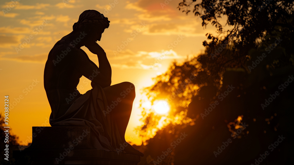 Silhouetted against a vibrant sunset, the statue symbolizes the enduring impact of philosophy as day turns to night. , natural light, soft shadows, with copy space