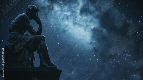 Positioned under a starry sky, the statue connects the realm of human thought with the cosmic universe. , natural light, soft shadows, with copy space