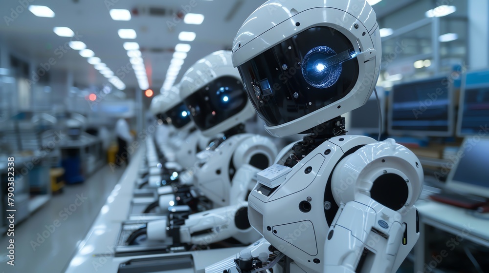 A row of four white robots on a production line A row of four white robots on a production line