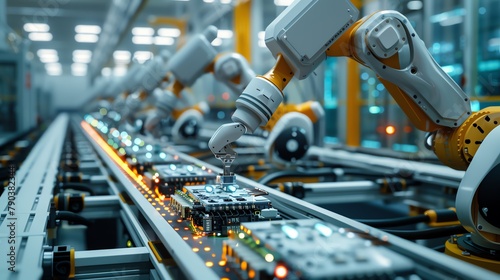 An industrial robot arm is assembling a circuit board on a conveyor belt in a factory.