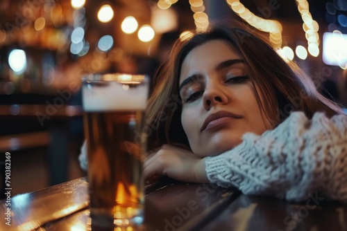 woman drinking beer in the bar