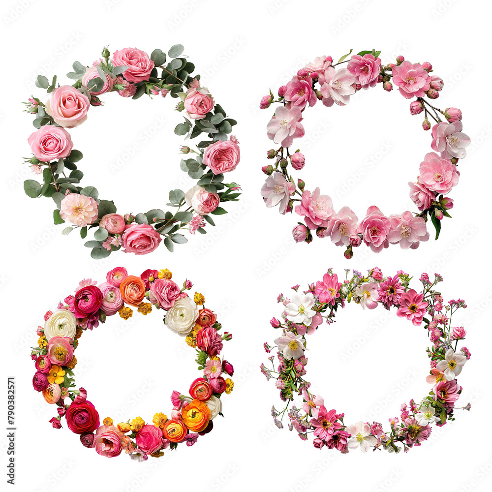 Set of four round frames made of flower wreathes. Flat lay of flower wreathes made of flower buds, branches and leaves isolated on transparent background.