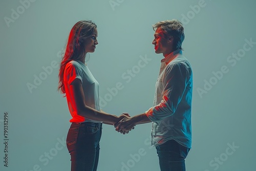 A man and a woman are exchanging a handshake gesture in front of each other photo