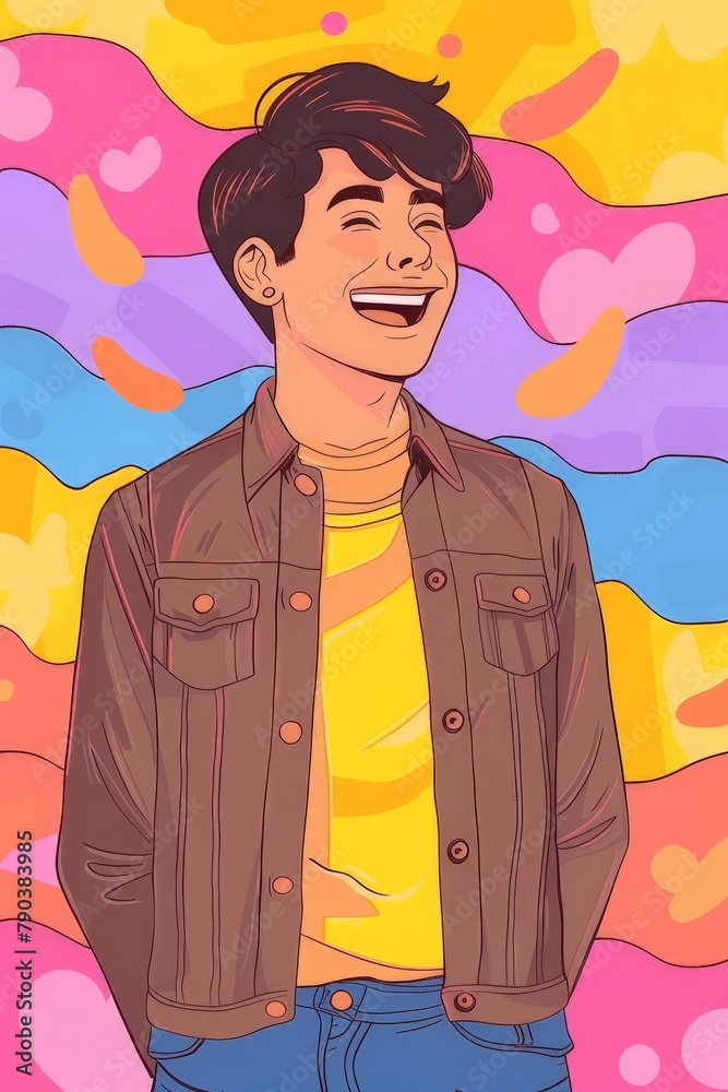 A vibrant illustration of a non-binary individual expressing joy and happiness. The colorful background and cheerful expression celebrate LGBTQ+ pride, gender identity, and self-acceptance.