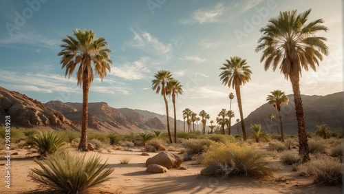 Desert Oasis Retreat with Palm Trees and Mountains