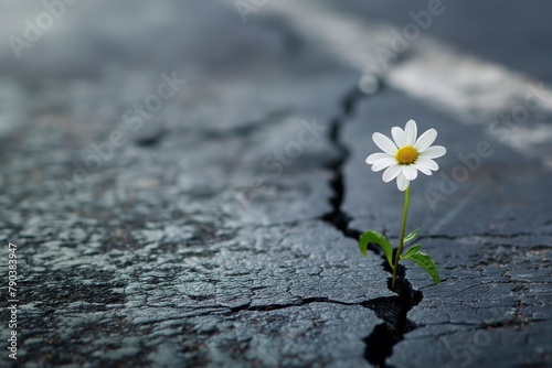 Beautiful flower growing out of a crack in the asphalt, hard time run, struggle background, hard time, hard works, motivation, motivation background, influencing background  © MH
