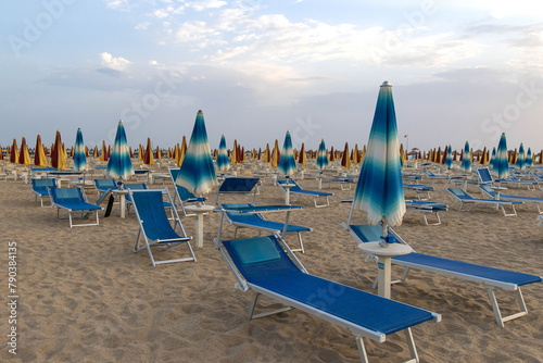 Empty deck chairs in early morning at Rivazzurra, Rimini Italy