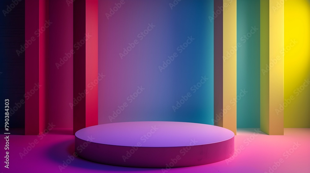 luxury colourful neon abstract elegant Platform podium background shapes and curtains Geometric product show