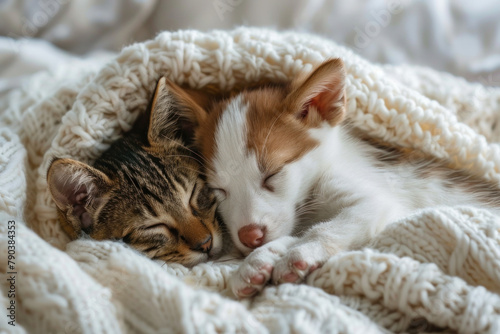 Cute cat and dog lie together (AI Generated) 
