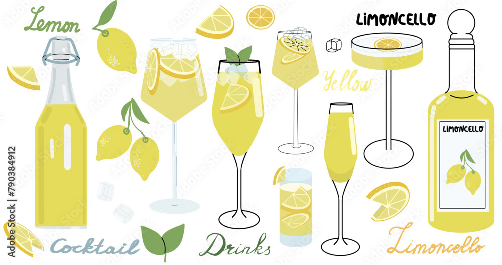 Limoncello set hand drawn vector sketch illustration. Purchase poster, print, home decoration, menu cover, invitation, design template. Limoncello set hand drawn vector sketch illustration. Purchase poster, print, home decoration, menu cover, invitation, design template.