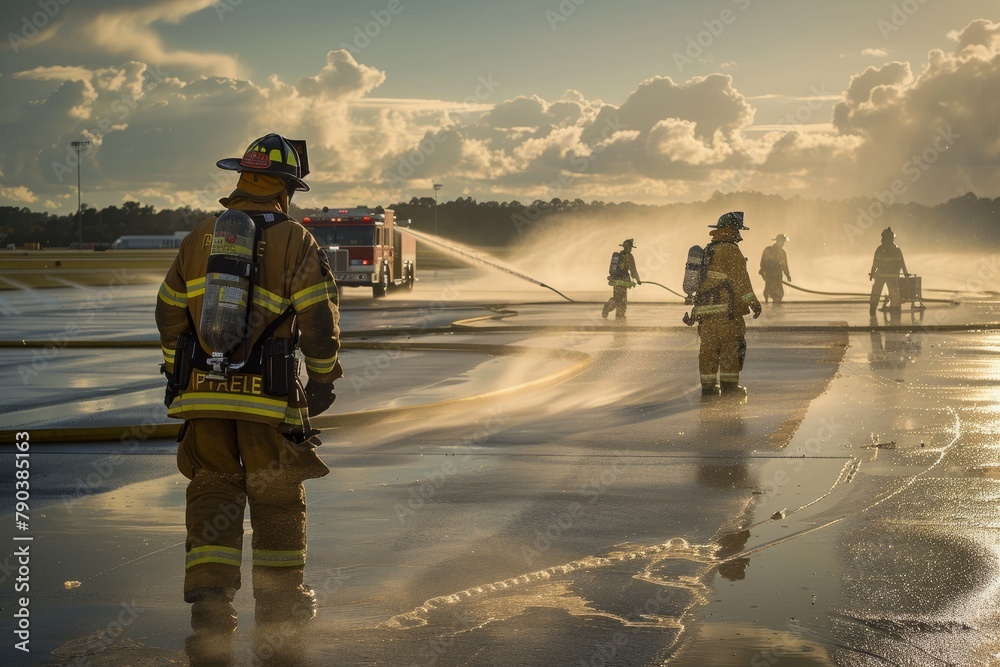 Airport Rescue Firefighters in Action with Fire Engine on Runway Stock ...