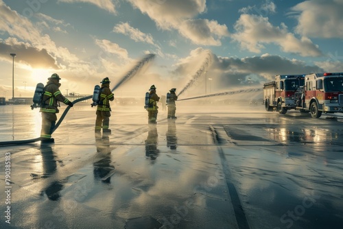 Emergency Response Team Spraying Water During Airport Drill photo