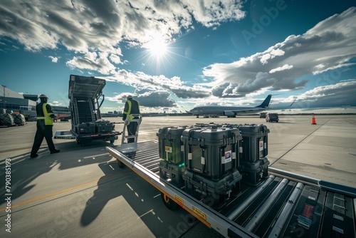 Airport Ground Crew Loading Luggage on Conveyor Under Sunlit Sky photo