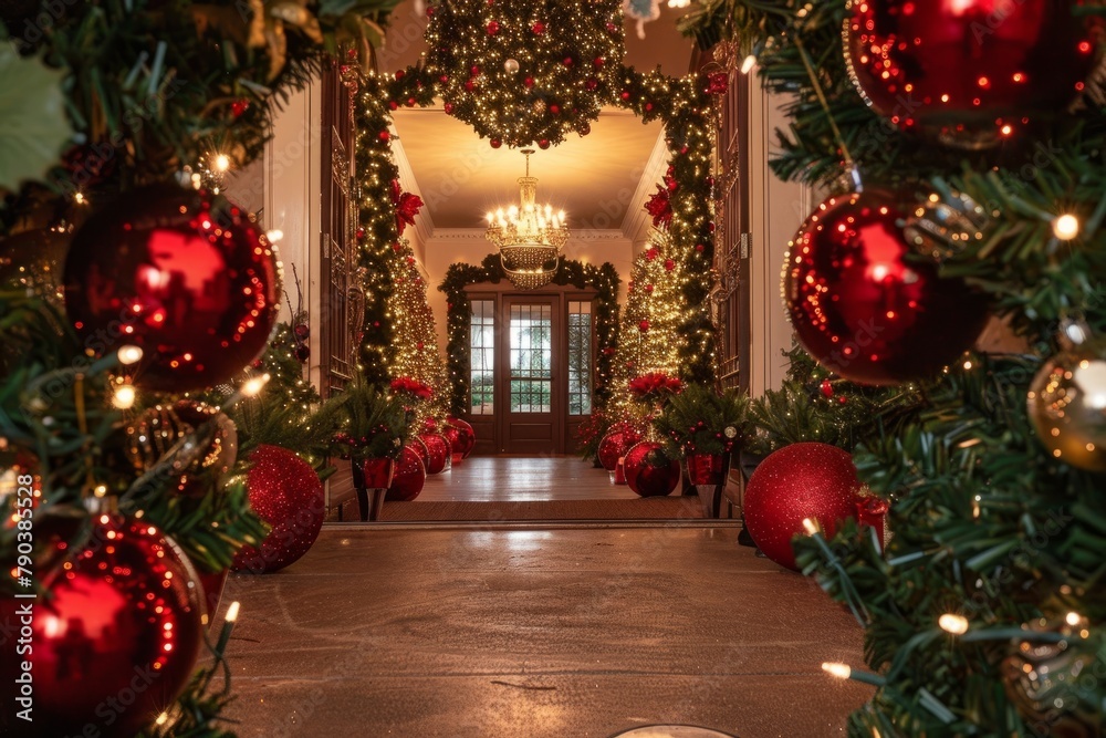 Luxurious Christmas Decor in Grand Entrance with Red Ornaments