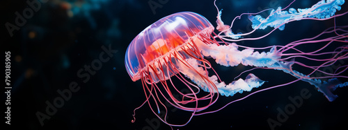 Ethereal Jellyfish with Pink and Blue Tones in Dark Ocean photo