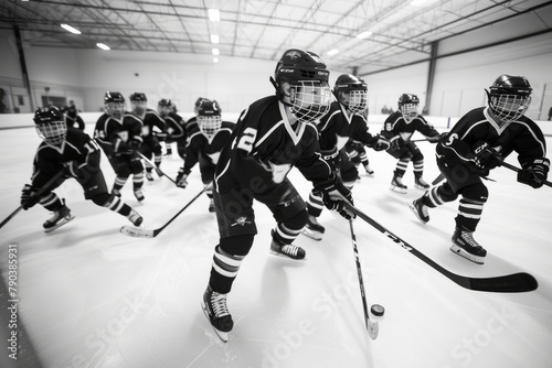 Intense Youth Hockey Practice Session on Ice Rink