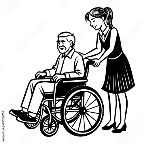 A girl helps her grandfather in a wheelchair. Assistance to people with disabilities