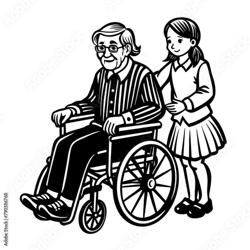 A girl helps her grandfather in a wheelchair. Assistance to people with disabilities