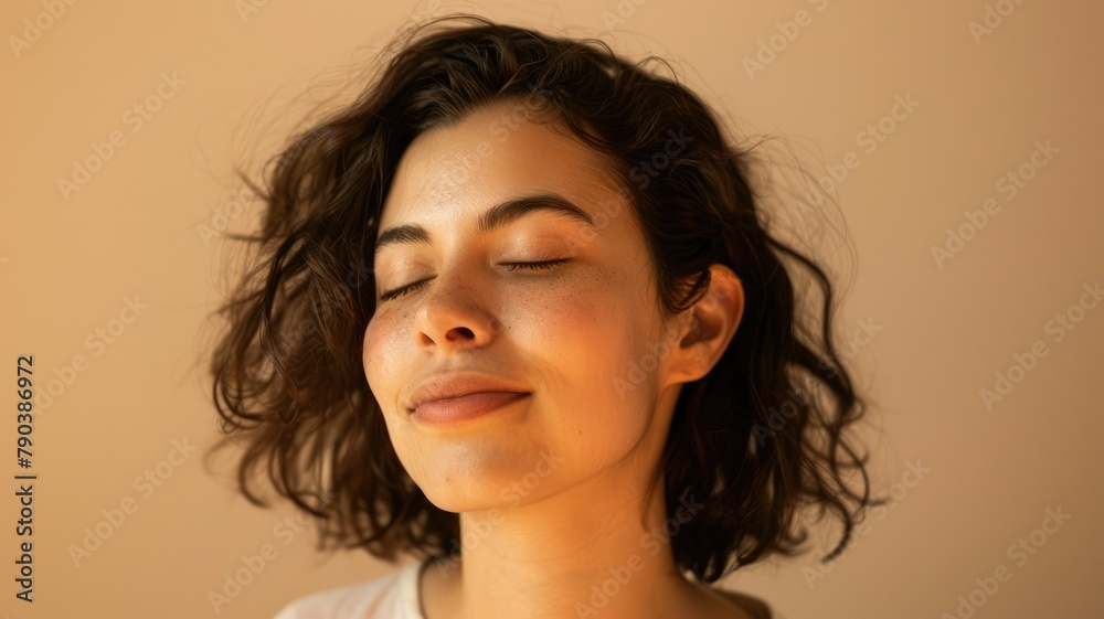 Young woman with eyes closed and joyful expression - Close image of a smiling young woman with her eyes closed, enjoying a quiet moment Young woman with eyes closed and joyful expression - Close image of a smiling young woman with her eyes closed, enjoying a quiet moment