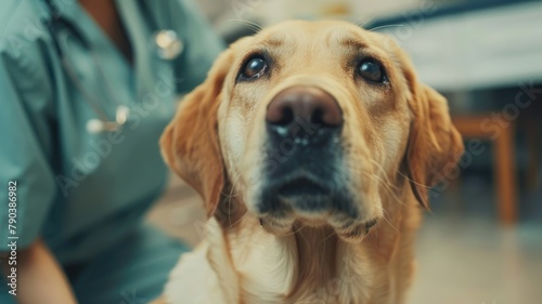 Golden retriever with a vet in background - Close up of a golden retriever's face with blurred veterinary staff in the background showing pet care and trust