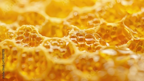 Golden honeycomb texture in detail - Detailed view of a golden honeycomb, emphasizing the hexagonal patterns filled with honey in warm golden tones photo