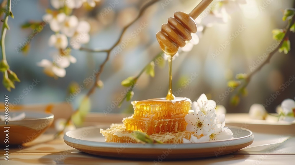 Honey dipper drizzling golden honey on comb - In a serene setting, golden honey drips from a wooden dipper onto honeycomb amidst blooming flowers Honey dipper drizzling golden honey on comb - In a serene setting, golden honey drips from a wooden dipper onto honeycomb amidst blooming flowers