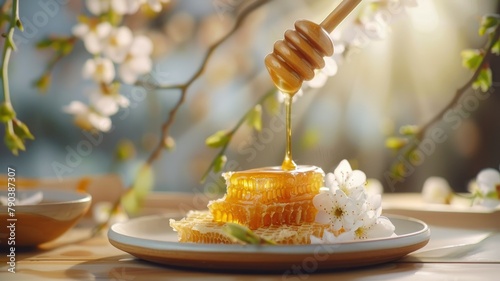 Honey dipper drizzling golden honey on comb - In a serene setting, golden honey drips from a wooden dipper onto honeycomb amidst blooming flowers