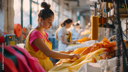 jovem moça trabalhando em uma fábrica de costura de roupas, tecido produção dedicação esforço photo