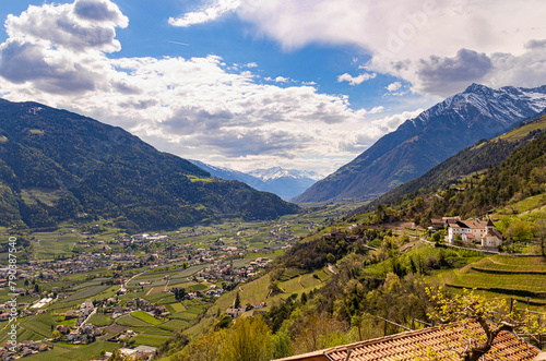 View from Dorf Tirol to church St. Peter, villages Algund and Plars and the Vinschgau Valley