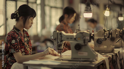 Chinese seamstresses working in precarious working conditions at a sewing factory photo