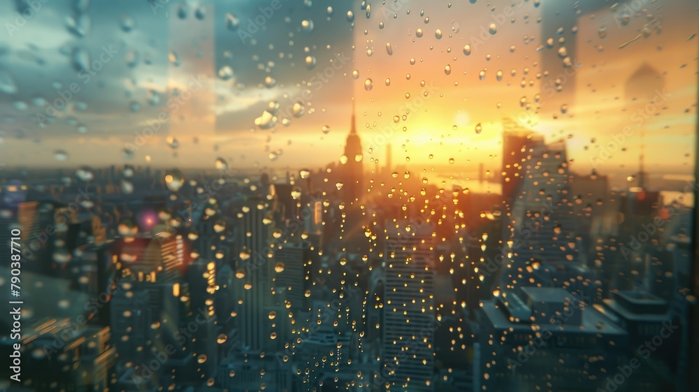 Fototapeta premium Sparkling raindrops on glass with city lights - Sparkling raindrops on glass with blurred city lights in the background at dusk, capturing a moody urban rain scene