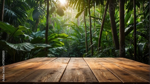 Sunlit tropical jungle view from wooden platform, evoking calm and serenity photo
