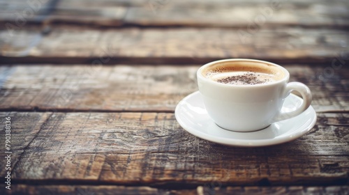 A cup of coffee on a saucer on a wooden table photo