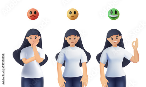 Woman emotions 3D concept. Rank, level of satisfaction rating. Sad and positive women. 3D style vector design