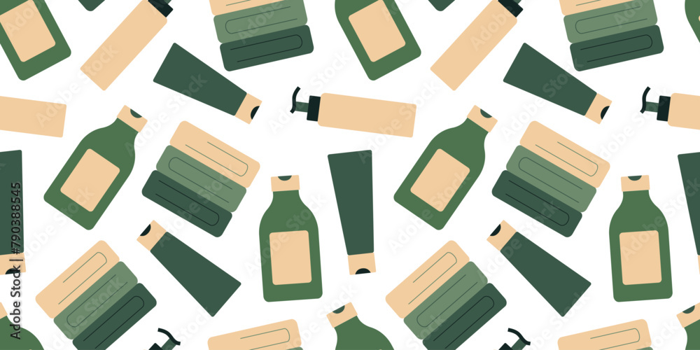 Pattern of caring cosmetics and towels. Tube and bottles. Seamless print shampoo, gel, cream. Hygiene products for skin and hair care. Scattered Goods. Color image - green, beige. Vector illustration