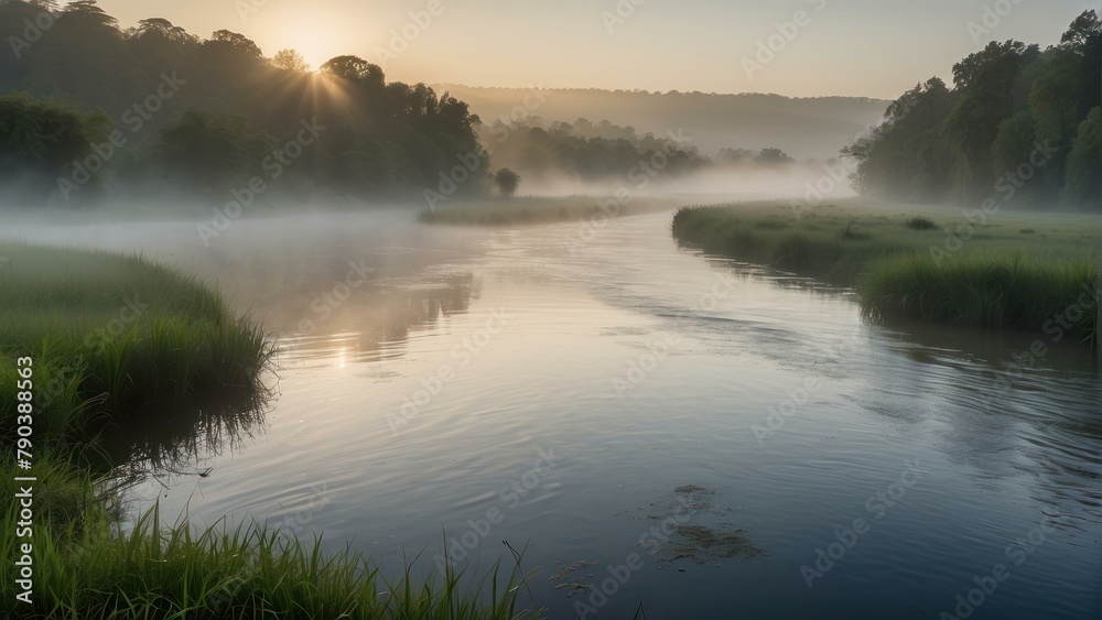 Misty sunrise over a calm river bend