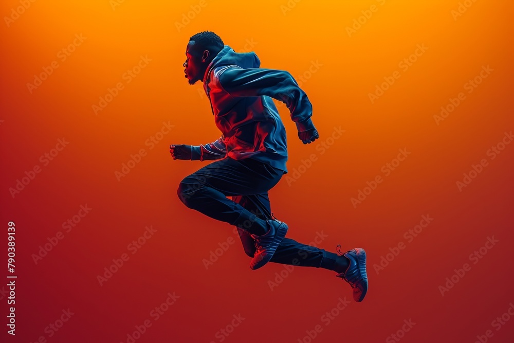 A man in a hoodie leaps through the electric blue sky