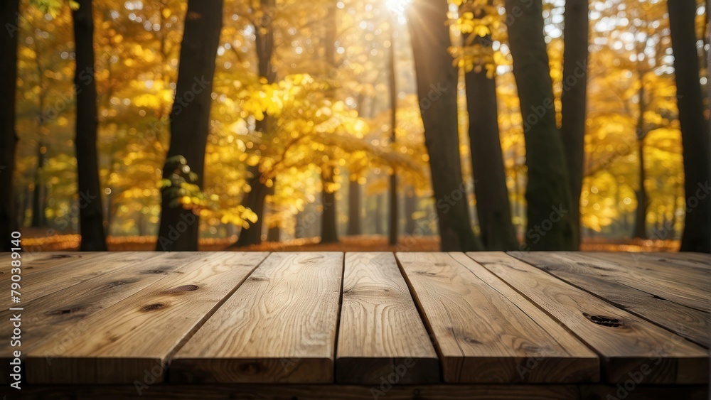 Wooden table with a blurry autumn forest background