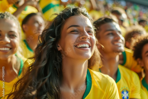 Brazilian football soccer fans in a stadium supporting the national team, Seleção 