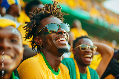 Jamaican football soccer fans in a stadium supporting the national team, The Reggae Boyz 