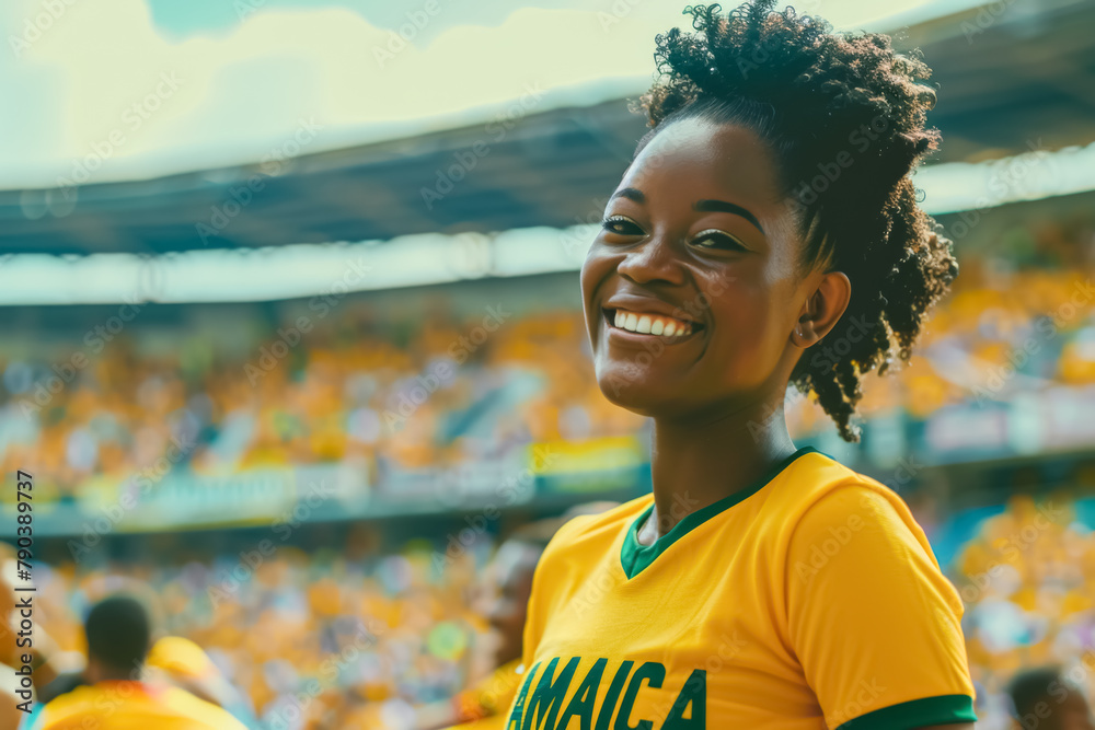 Jamaican football soccer fans in a stadium supporting the national team, The Reggae Boyz
 - obrazy, fototapety, plakaty 