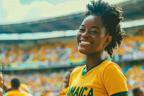 Jamaican football soccer fans in a stadium supporting the national team, The Reggae Boyz
 photo