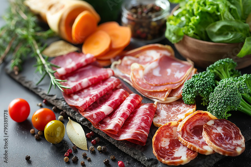 Delectable charcuterie platter with assorted meats and fresh vegetables. Savory gourmet appetizers for delightful feast. Culinary indulgence on a rustic slate board. Healthy food consumption concept.