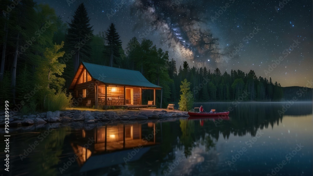 Fototapeta premium Starry night over a secluded lake cabin