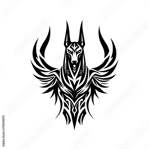 Anubis in modern tribal tattoo, abstract line art of deity, minimalist contour. Vector